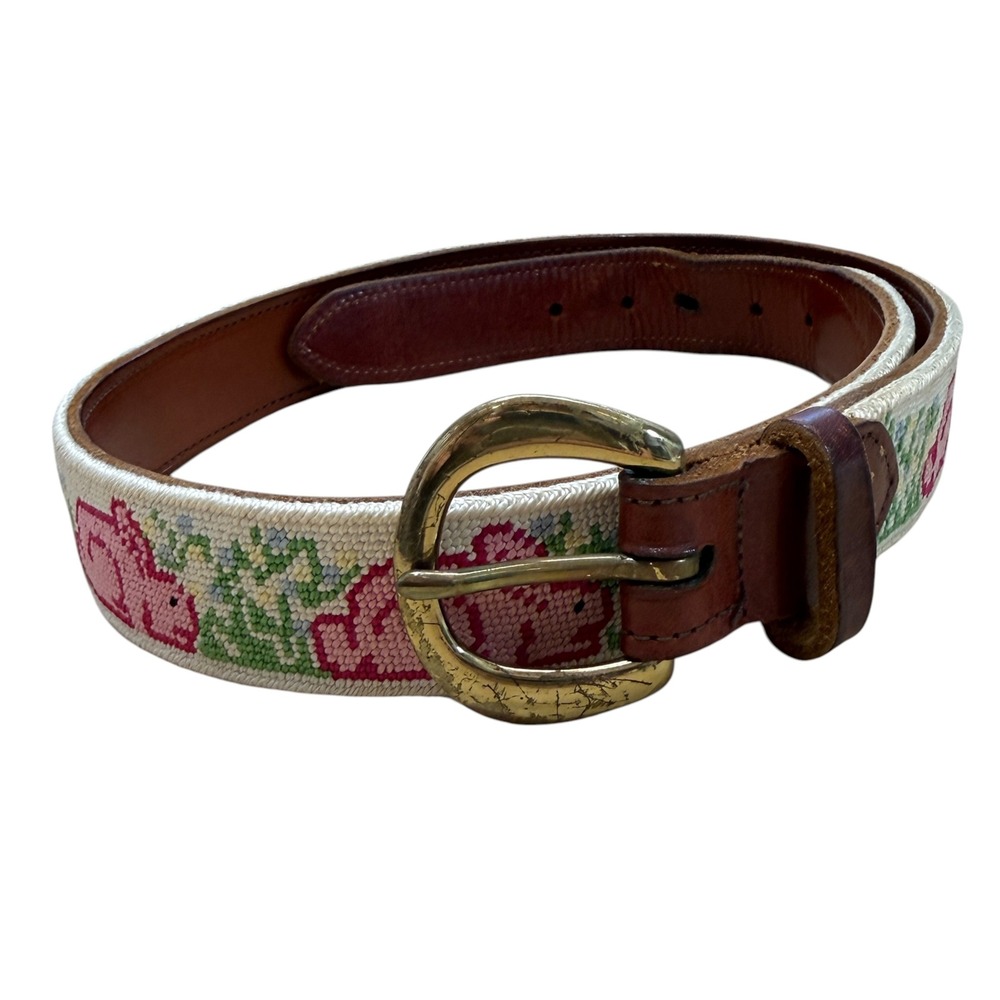 Women's Needlepoint Belt Bunny Rabbit Cream Pink Leather Brass Preppy 32